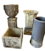 FOUR VARIOUS GARDEN PLANTERS - to include a cylindrical chimney pot, 60cms H, 27cms diameter top,