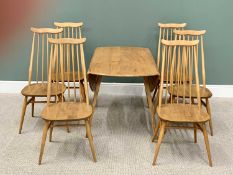 ERCOL MID ELM TWIN FLAP DINING TABLE & SIX STICKBACK CHAIRS - 71cms H, 113cms L, 125cms W (fully