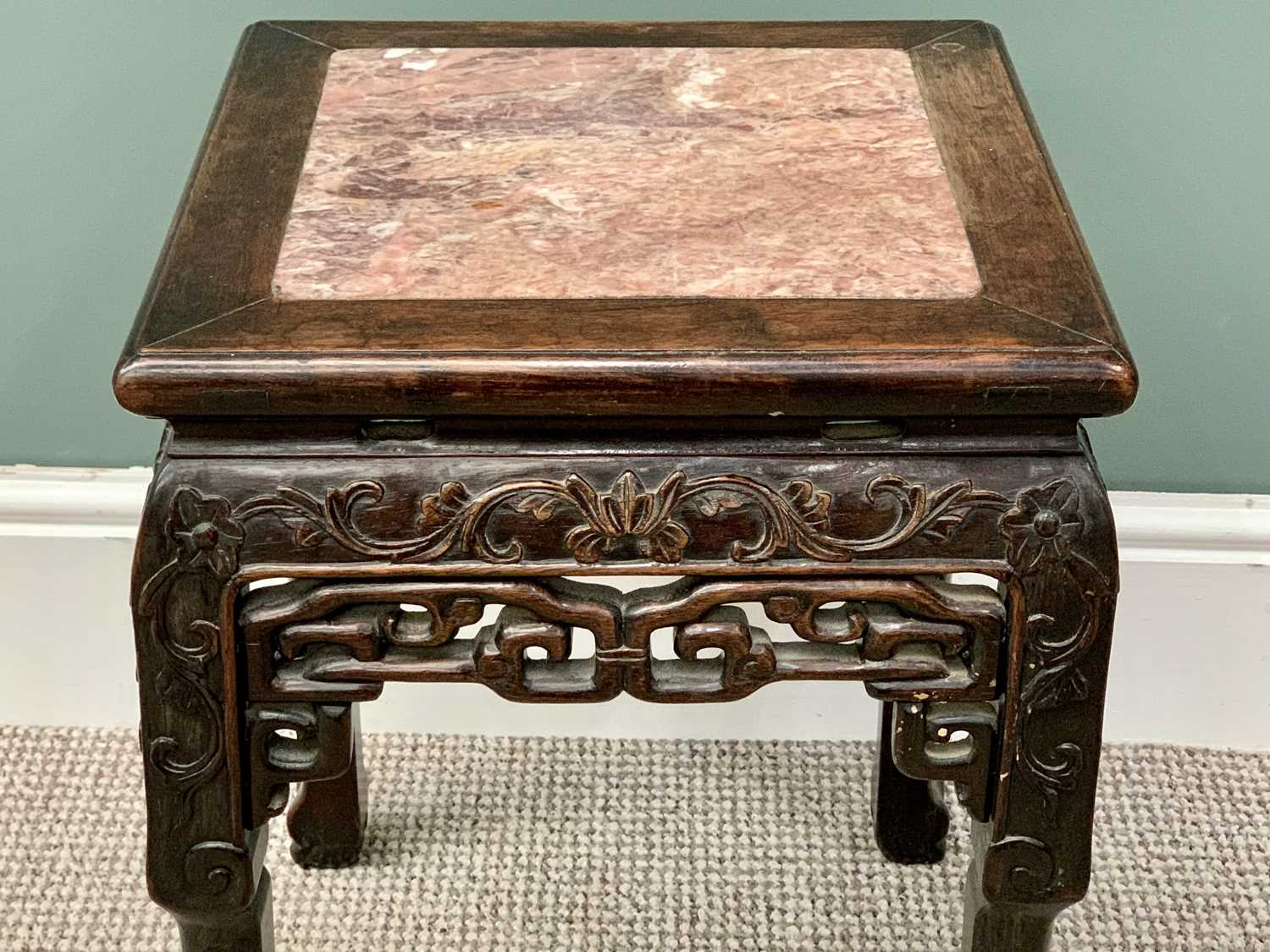 CHINESE CARVED HARDWOOD MARBLE TOPPED STAND - having fretwork lower detail, on ball and claw - Image 2 of 3