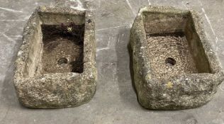 TWO RE-CONSTITUTED STONEWARE GARDEN TROUGHS - 16cms H, 47cms L, 30cms W
