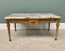EMPIRE STYLE COFFEE TABLE - with rectangular marble top, on a satinwood type base, having gilt metal