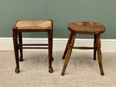 TWO RUSTIC ANTIQUE STOOLS - both four legged, on turned supports, one having a dished hard seat,