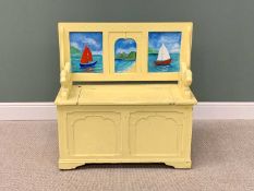 PRIORY STYLE OAK MONK'S BENCH - now painted yellow with colourful boat detail to the back panels,