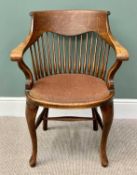 VINTAGE OAK CURVED BACK OFFICE CHAIR - having scroll detail to the crest rail and arm ends, to a