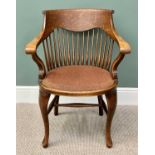 VINTAGE OAK CURVED BACK OFFICE CHAIR - having scroll detail to the crest rail and arm ends, to a