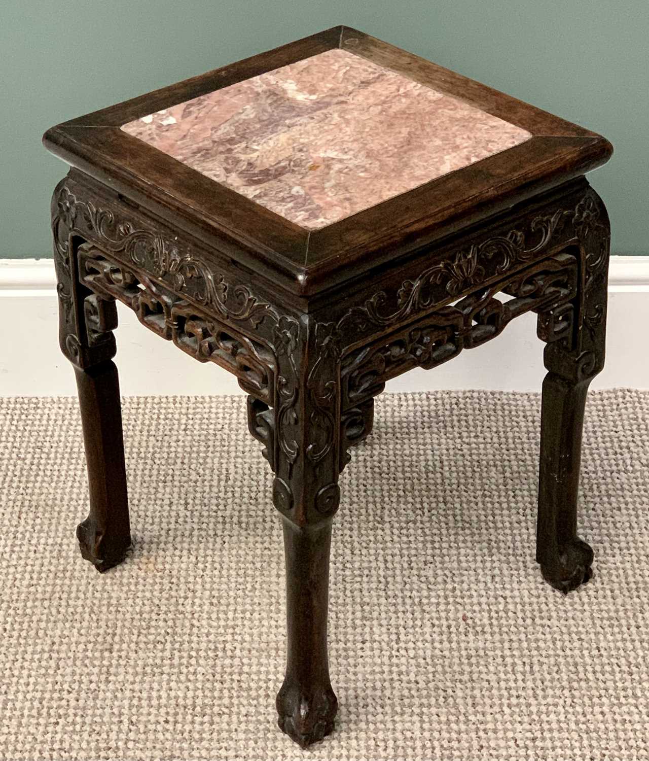 CHINESE CARVED HARDWOOD MARBLE TOPPED STAND - having fretwork lower detail, on ball and claw