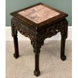 CHINESE CARVED HARDWOOD MARBLE TOPPED STAND - having fretwork lower detail, on ball and claw