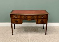 CIRCA 1900 MAHOGANY BOW FRONT LADY'S DESK - with tooled red leather insert to the top over a central
