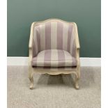 CLASSICALLY STYLED REPRODUCTION LIMED OAK EFFECT TUB CHAIR - having shaped carved detail and striped