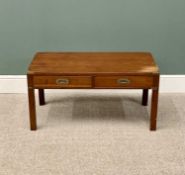 REPRODUCTION MAHOGANY CAMPAIGN STYLE COFFEE TABLE - brass banded with twin pull-out lower drawers