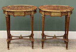 REPRODUCTION EMPIRE STYLE SIDE TABLES - a pair, in mixed exotic woods and inlays, the shaped tops
