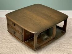 ERCOL COFFEE TABLE TROLLEY - with two drawers, 39cms H, 80 x 80cms top