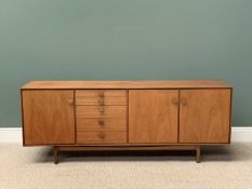 MID-CENTURY TEAK LONG SIDEBOARD - having five opening drawers and three cupboard doors, no maker's