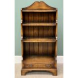 QUALITY REPRODUCTION OAK WATERFALL BOOKCASE - having a shaped top back rail over three various sized