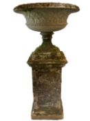LARGE RE-CONSTITUTED STONE TAZZA FORM GARDEN PLANTER - on a square column plinth, 151cms H