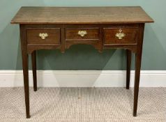 ANTIQUE OAK LOWBOY, the two plank rectangular top over three oak lined drawers having cockbeaded