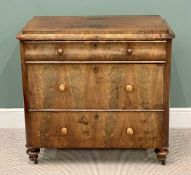 CONTINENTAL FIGURED WALNUT CHEST OF THREE DRAWERS, shaped slim top drawer over two deep drawers, all