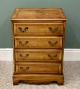 NEATLY PROPORTIONED REPRODUCTION YEW WOOD CHEST OF FOUR DRAWERS, with swing handles, on a shaped