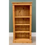 MODERN PINE OPEN BOOKCASE, having reeded front detail, fixed interior shelves, on a plinth base,