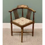 CIRCA 1900 INLAID MAHOGANY CORNER CHAIR with tapestry-style upholstered seat and lower cross