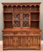 OLD CHARM REPRODUCTION OAK DRESSER with arched and baluster support gallery top shelf, above twin