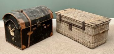 STEAMER TRUNKS x 2, to include a wicker example, having a three hasp barrel lock and top banding