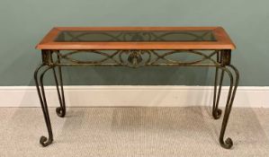 ANTIQUE-STYLE CONSOLE TABLE, mahogany effect top with bevelled edge glass central insert on a