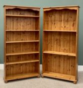 REPRODUCTION PINE OPEN BOOKSHELVES, A PAIR, having three adjustable and two fixed shelves on