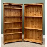 REPRODUCTION PINE OPEN BOOKSHELVES, A PAIR, having three adjustable and two fixed shelves on