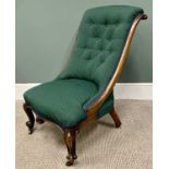 VICTORIAN NURSING CHAIR with buttonback re-upholstery in emerald green, knurled carved detail to the