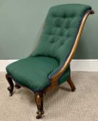 VICTORIAN NURSING CHAIR with buttonback re-upholstery in emerald green, knurled carved detail to the