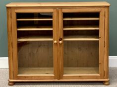 REPRODUCTION PINE ANTIQUE-STYLE TWO-DOOR GLAZED CABINET / BOOKCASE, rounded corners, interior