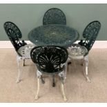 GREEN PAINTED ALUMINIUM GARDEN TABLE & FOUR CHAIRS, 66cms H, 73cms diam (the table), 86cms H,