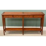 REPRODUCTION MAHOGANY HALL CONSOLE TABLE, having four opening frieze drawers, with brass knobs on