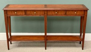 REPRODUCTION MAHOGANY HALL CONSOLE TABLE, having four opening frieze drawers, with brass knobs on