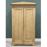 ANTIQUE STRIPPED PINE TWO-DOOR WARDROBE, having a shaped top and inverted stepped cornice over two