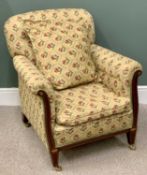 EDWARDIAN INLAID MAHOGANY RE-UPHOLSTERED PARLOUR ARMCHAIR, buttonback floral tapestry design fabric,
