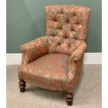 CURVED BACK PARLOUR ARMCHAIR, buttonback, nice quality re-upholstery in copper with green floral