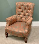 CURVED BACK PARLOUR ARMCHAIR, buttonback, nice quality re-upholstery in copper with green floral