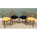 SET OF FOUR STRIPPED WALNUT SALON SIDE CHAIRS, carved to the crest and central rails, with re-