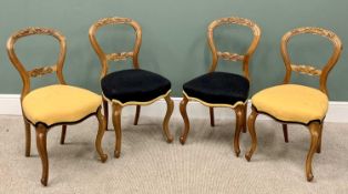 SET OF FOUR STRIPPED WALNUT SALON SIDE CHAIRS, carved to the crest and central rails, with re-