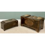 TWO CHINESE CARVED CAMPHORWOOD CHESTS, the larger example with stepped top and deep carved front