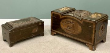 TWO CHINESE CARVED CAMPHORWOOD CHESTS, the larger example with stepped top and deep carved front