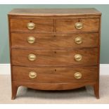 GEORGIAN MAHOGANY BOW FRONT CHEST, of two short over three long drawers, oak lined with cockbeaded