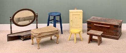 VINTAGE SMALL FURNITURE ASSORTMENT, to include an iron banded lidded pine trunk, 38cms H, 79cms W,