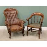 TWO VINTAGE ARMCHAIRS including a mahogany smoker's bow with shaped back, knurled arm ends and