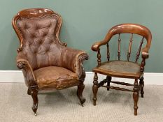TWO VINTAGE ARMCHAIRS including a mahogany smoker's bow with shaped back, knurled arm ends and