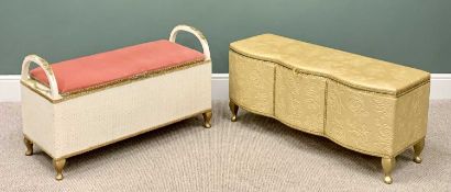 TWO VINTAGE BEDROOM OTTOMANS, to include a wicker effect example with twin handles and upholstered