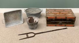 GALVANISED METALWARE, steamer trunk, cast iron implement, a mixed parcel, the metalware and wooden