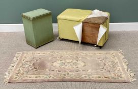 VINTAGE PINE OTTOMAN, LOOM-STYLE LINEN BOX & CHINESE WASHED WOOLEN RUG, 51cms H, 80cms W, 43cms D,